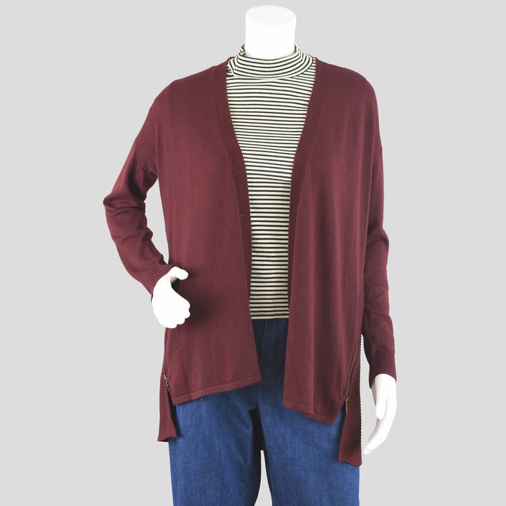 Worthington Open Front Maroon Knit Cardigan with Zippers Women's Medium